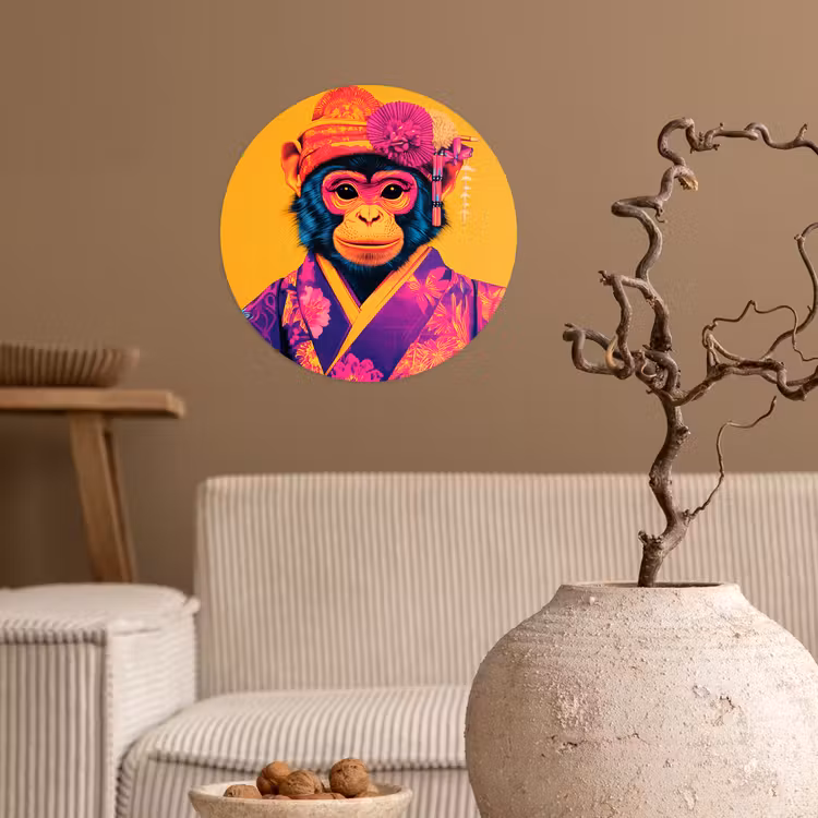 Aap - Kimono - Bloemen - Hoofdtooi Wandcirkel behangsticker klein -sfeer1