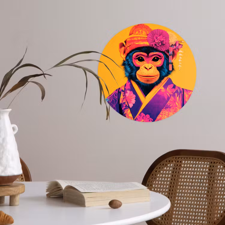 Aap - Kimono - Bloemen - Hoofdtooi Wandcirkel behangsticker klein -sfeer3