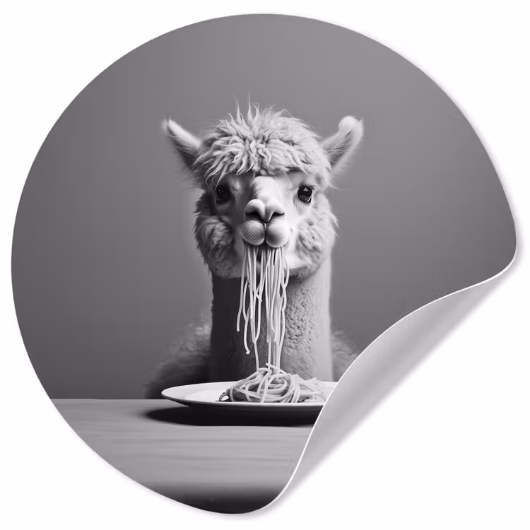 Alpaca - Pasta - Zwart - Wit - Grappig - Dieren Wandcirkel behangsticker klein -3d