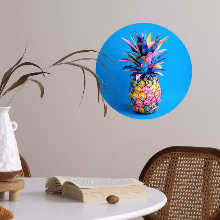 Ananas - Blauw - Tropisch - Vrolijk Wandcirkel behangsticker klein -sfeer3