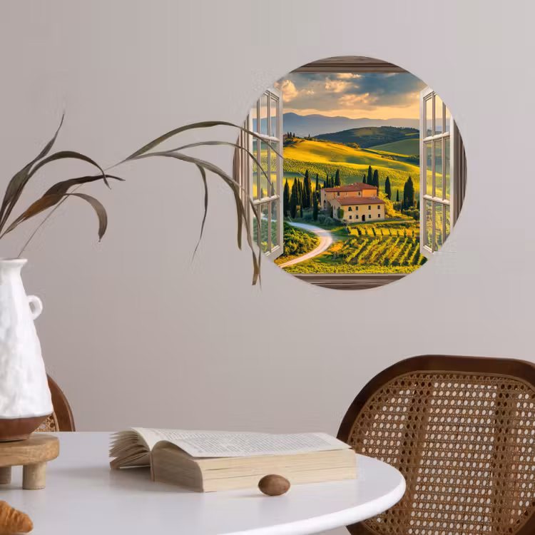 Doorkijk - Toscane - Uitzicht - Landschap - Zomer Wandcirkel behangsticker klein -sfeer3
