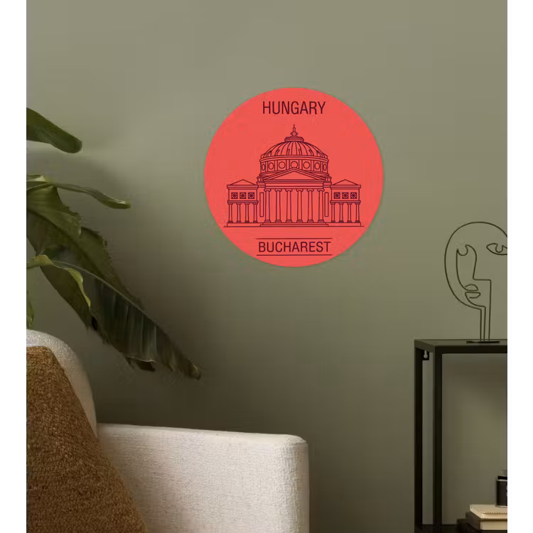 Architectuur - Boekarest - Stedelijk - Lijntekening - Rood Wandcirkel behangsticker klein -sfeer2