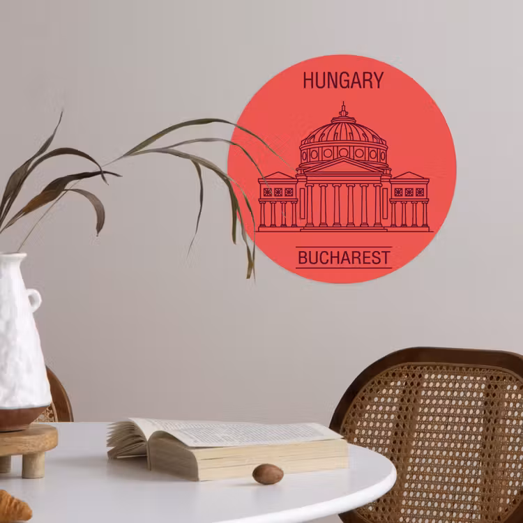 Architectuur - Boekarest - Stedelijk - Lijntekening - Rood Wandcirkel behangsticker klein -sfeer3