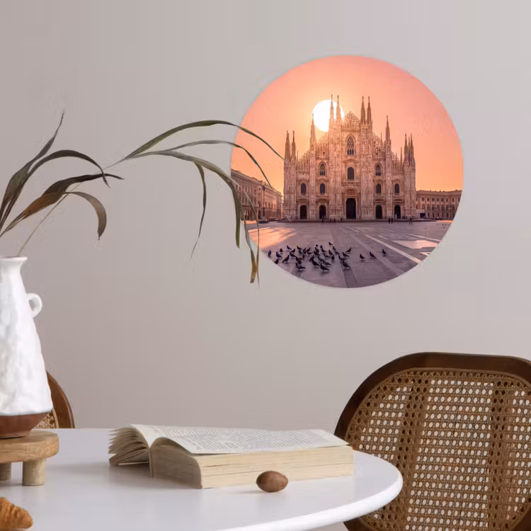Architectuur - Milaan - Plein - Zonsopgang - Oranje Wandcirkel behangsticker klein -sfeer3