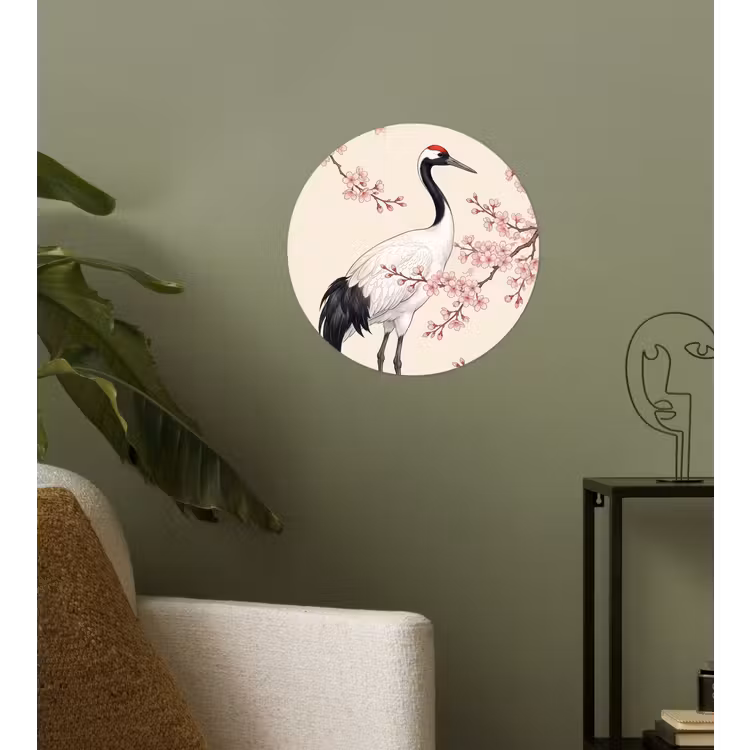 Aziatisch - Kraanvogel - Beige Wandcirkel behangsticker klein -sfeer2