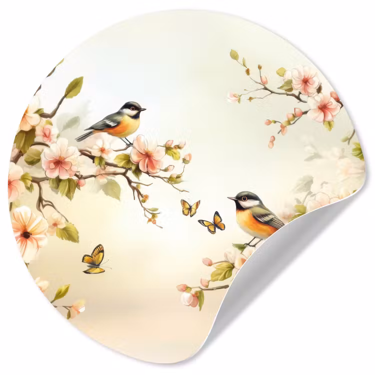 Takken - Bloemen - Vogeltjes - Roze Wandcirkel behangsticker klein -3d