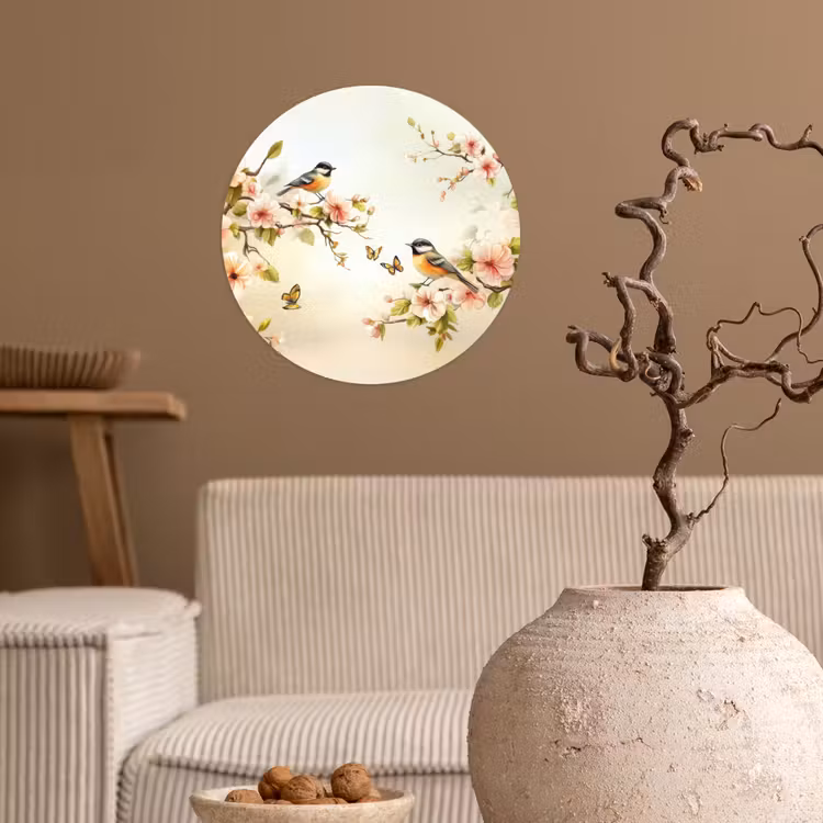 Takken - Bloemen - Vogeltjes - Roze Wandcirkel behangsticker klein -sfeer1
