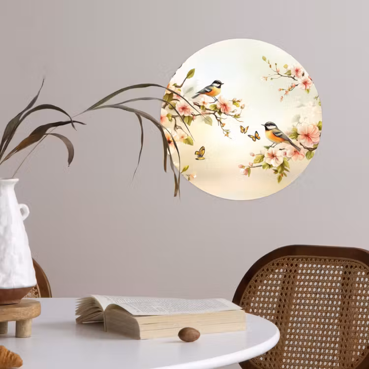 Takken - Bloemen - Vogeltjes - Roze Wandcirkel behangsticker klein -sfeer3