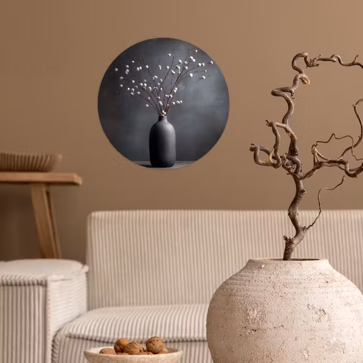 Takken - Vaas - Bolletjes - Wit Wandcirkel behangsticker klein -sfeer1