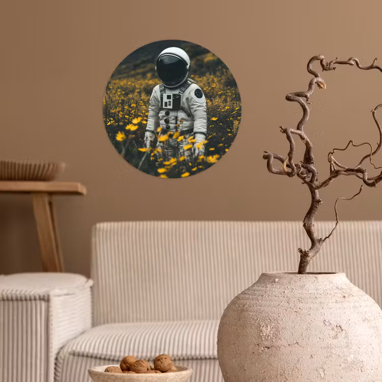 Astronaut - Bloemen - Veld - Geel Wandcirkel behangsticker klein -sfeer1