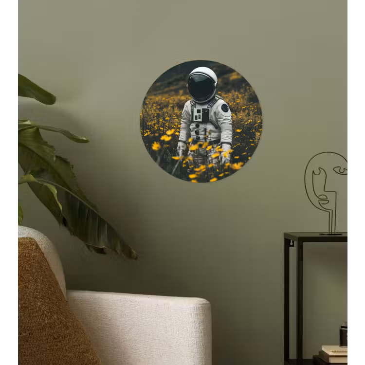 Astronaut - Bloemen - Veld - Geel Wandcirkel behangsticker klein -sfeer2