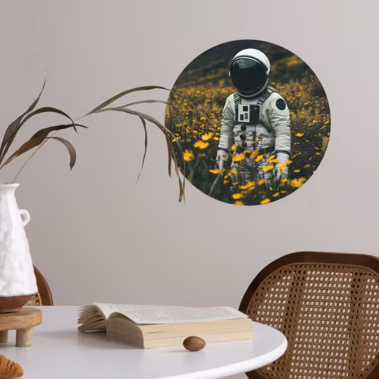Astronaut - Bloemen - Veld - Geel Wandcirkel behangsticker klein -sfeer3
