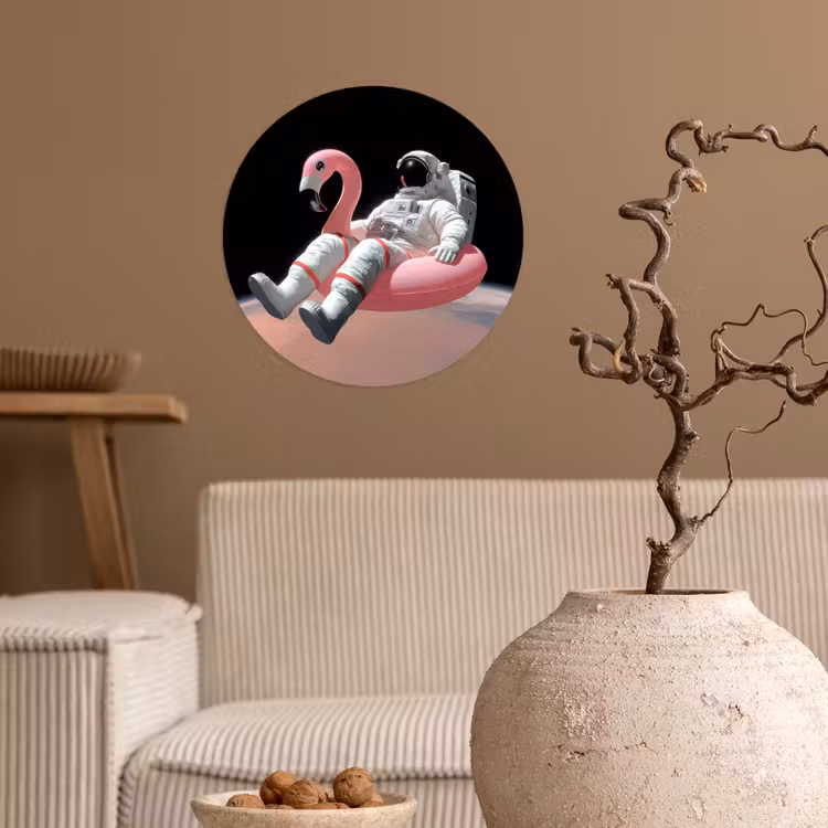 Astronaut - Flamingo - Zwemband - Roze Wandcirkel behangsticker klein -sfeer1