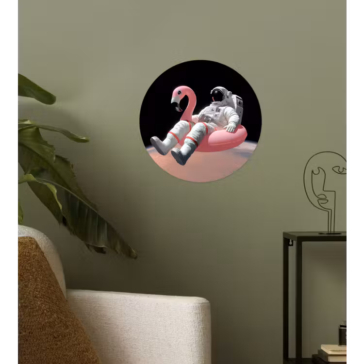 Astronaut - Flamingo - Zwemband - Roze Wandcirkel behangsticker klein -sfeer2