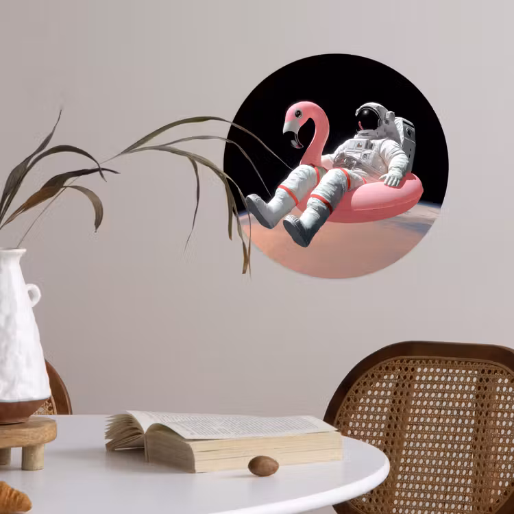 Astronaut - Flamingo - Zwemband - Roze Wandcirkel behangsticker klein -sfeer3