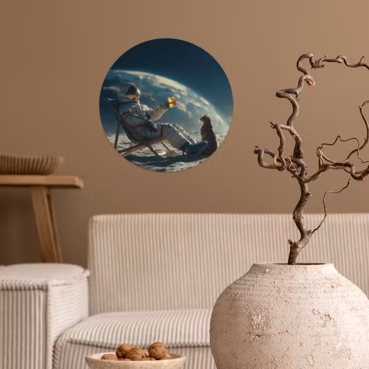 Astronaut - Kat - Glas - Stoel Wandcirkel behangsticker klein -sfeer1