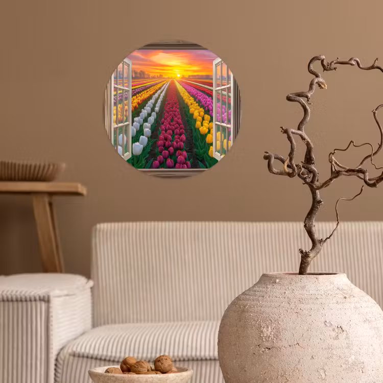 Doorkijk - Bloemen - Tulpen - Kleurrijk - Zonsondergang Wandcirkel behangsticker klein -sfeer1