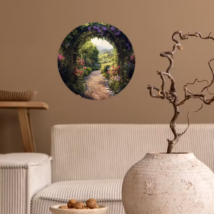 Doorkijk - Landschap - Bloemen - Tuinboog - Natuur Wandcirkel behangsticker klein -sfeer1