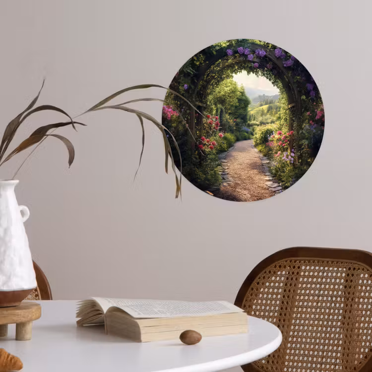 Doorkijk - Landschap - Bloemen - Tuinboog - Natuur Wandcirkel behangsticker klein -sfeer3