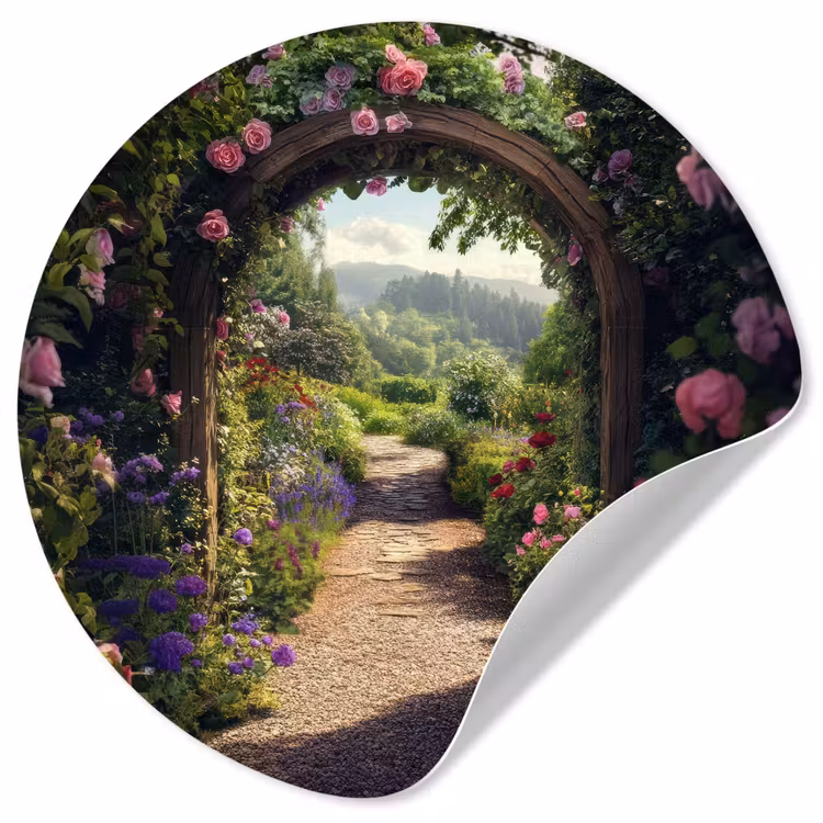 Doorkijk - Landschap - Bloemen - Rozenboog - Natuur Wandcirkel behangsticker klein -3d