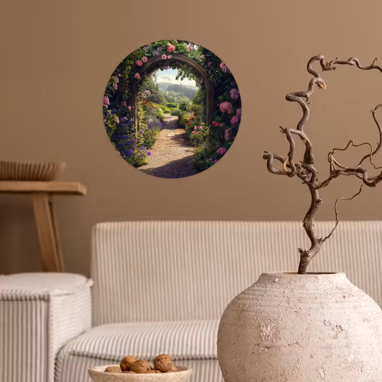 Doorkijk - Landschap - Bloemen - Rozenboog - Natuur Wandcirkel behangsticker klein -sfeer1