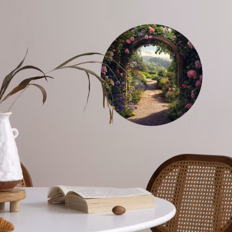 Doorkijk - Landschap - Bloemen - Rozenboog - Natuur Wandcirkel behangsticker klein -sfeer3
