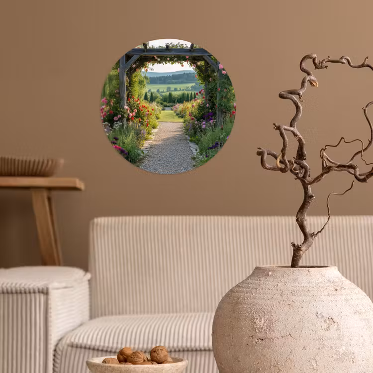 Doorkijk - Landschap - Natuur - Tuinboog - Bloemen Wandcirkel behangsticker klein -sfeer1