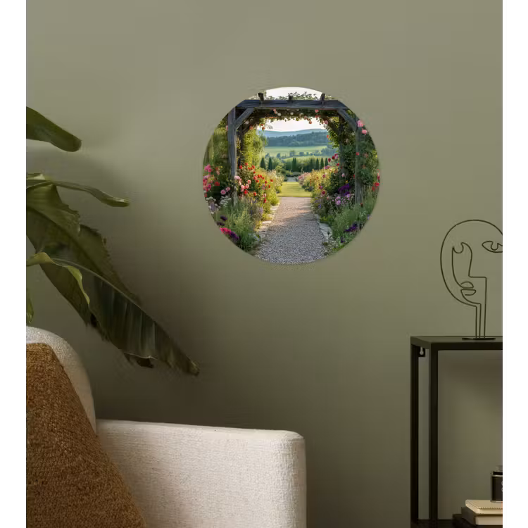Doorkijk - Landschap - Natuur - Tuinboog - Bloemen Wandcirkel behangsticker klein -sfeer2