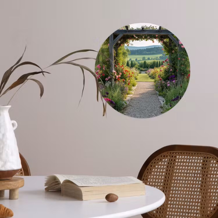 Doorkijk - Landschap - Natuur - Tuinboog - Bloemen Wandcirkel behangsticker klein -sfeer3