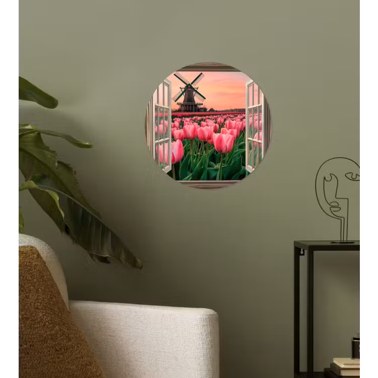 Doorkijk - Tulpen - Bloemen - Molen - Raam Wandcirkel behangsticker klein -sfeer2