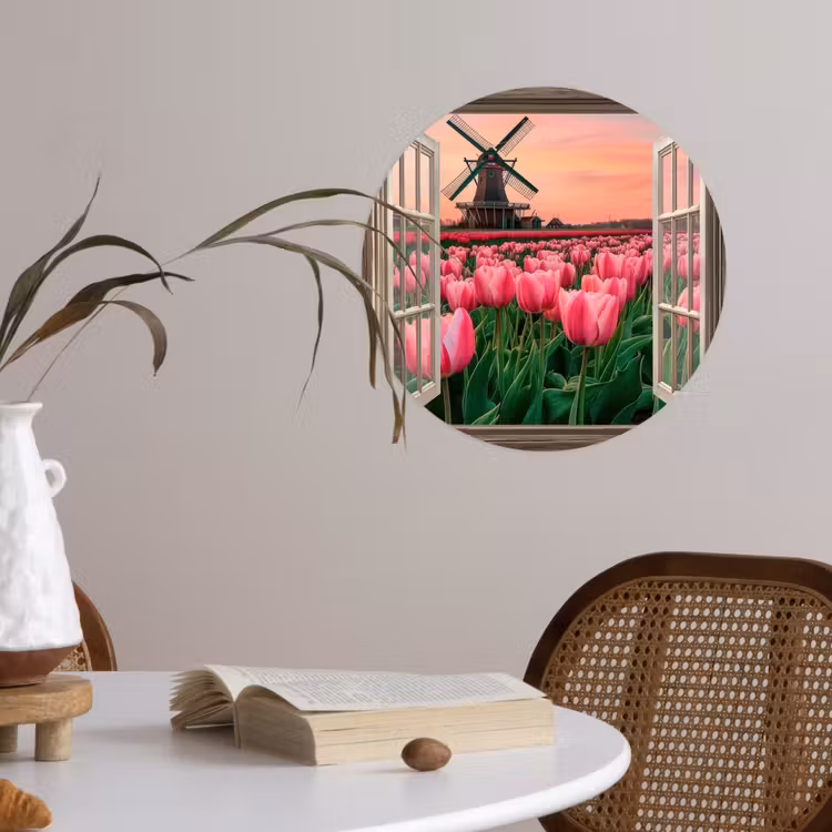 Doorkijk - Tulpen - Bloemen - Molen - Raam Wandcirkel behangsticker klein -sfeer3
