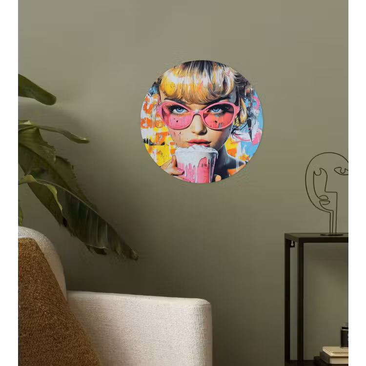 Expressief - Milkshake - Vrouw - Felle kleuren Wandcirkel behangsticker klein -sfeer2