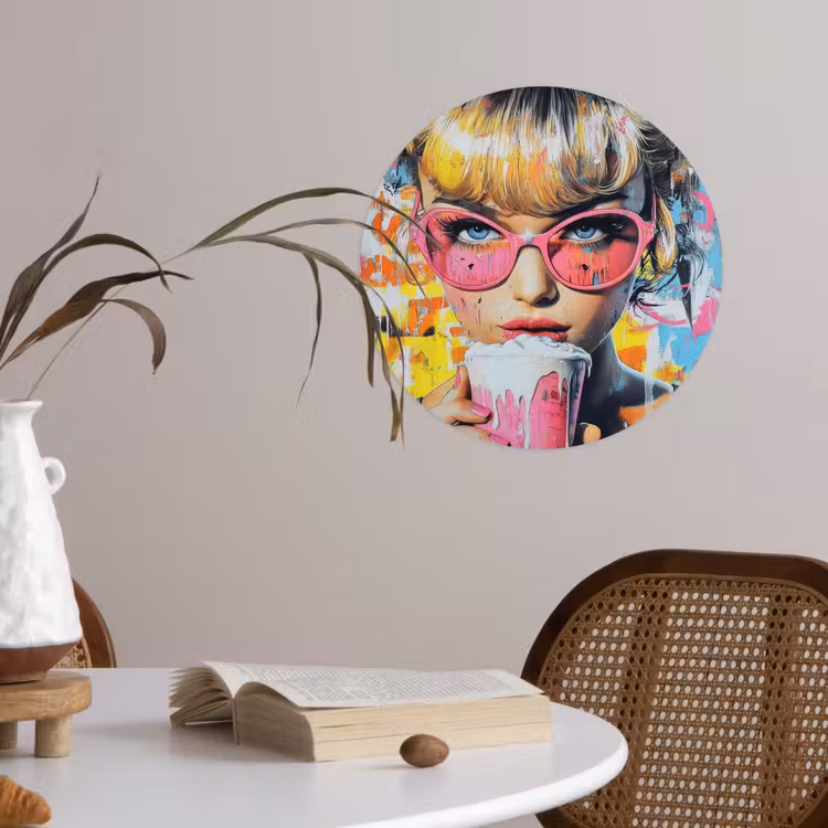Expressief - Milkshake - Vrouw - Felle kleuren Wandcirkel behangsticker klein -sfeer3