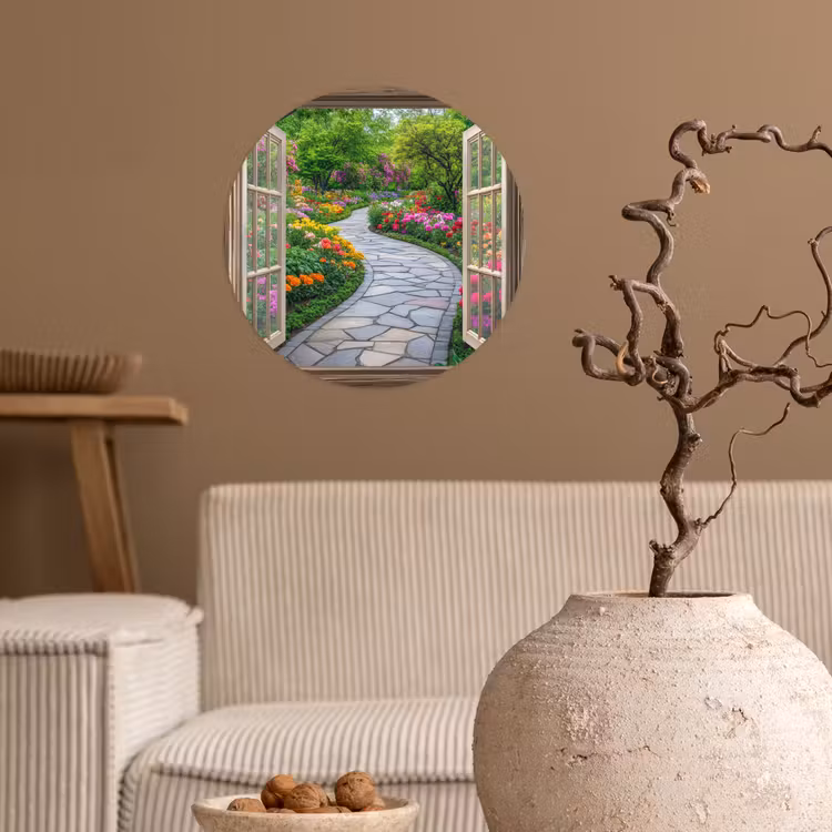 Doorkijk - Bloemen - Tuinpad - Natuur - Raam Wandcirkel behangsticker klein -sfeer1