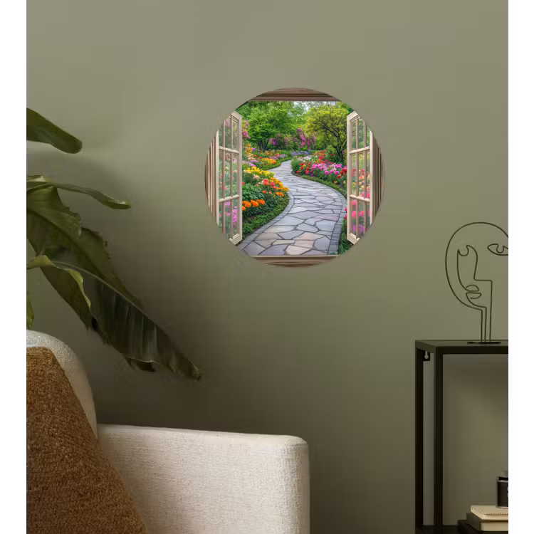 Doorkijk - Bloemen - Tuinpad - Natuur - Raam Wandcirkel behangsticker klein -sfeer2
