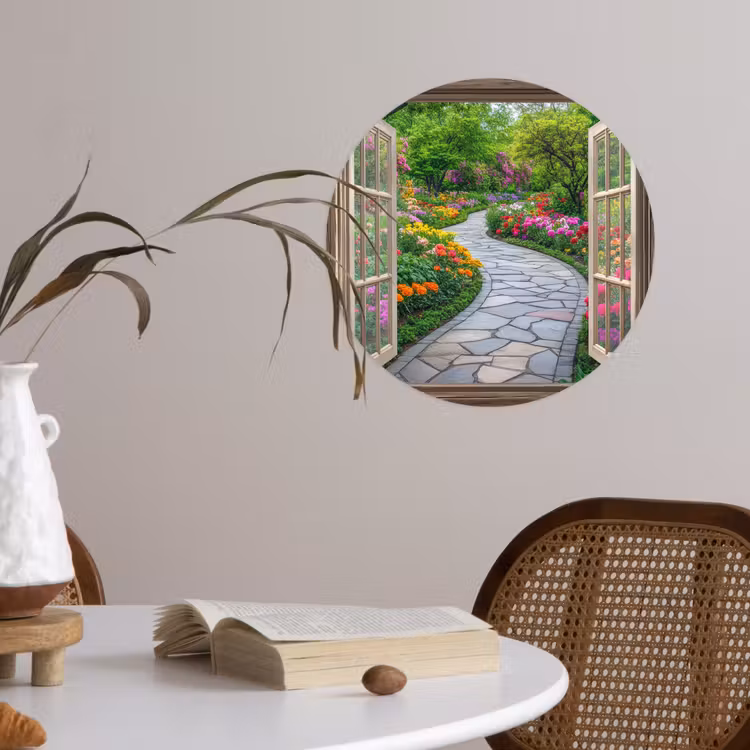 Doorkijk - Bloemen - Tuinpad - Natuur - Raam Wandcirkel behangsticker klein -sfeer3