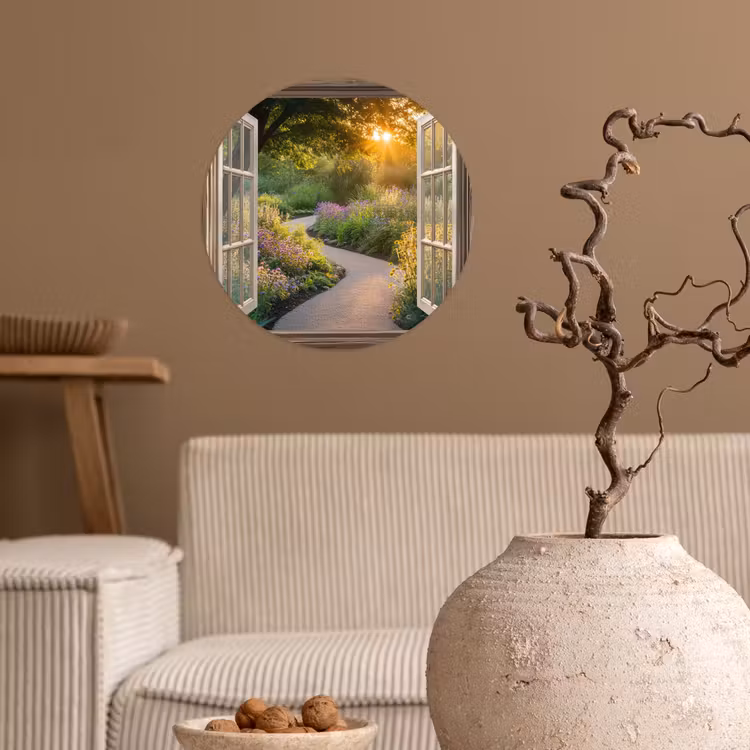 Doorkijk - Bloemen - Natuur - Zon - Pad Wandcirkel behangsticker klein -sfeer1