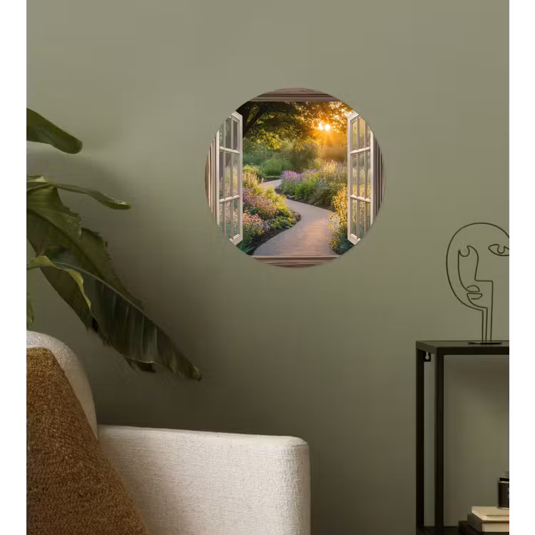 Doorkijk - Bloemen - Natuur - Zon - Pad Wandcirkel behangsticker klein -sfeer2