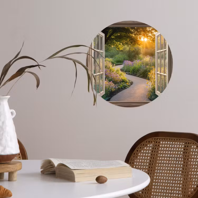 Doorkijk - Bloemen - Natuur - Zon - Pad Wandcirkel behangsticker klein -sfeer3