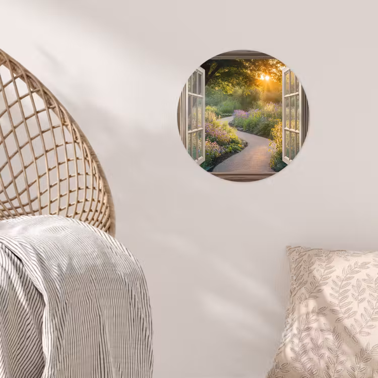 Doorkijk - Bloemen - Natuur - Zon - Pad Wandcirkel behangsticker klein -sfeer4