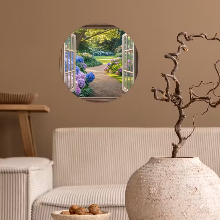 Doorkijk - Tuin - Raam - Hortensia - Bloemen Wandcirkel behangsticker klein -sfeer1