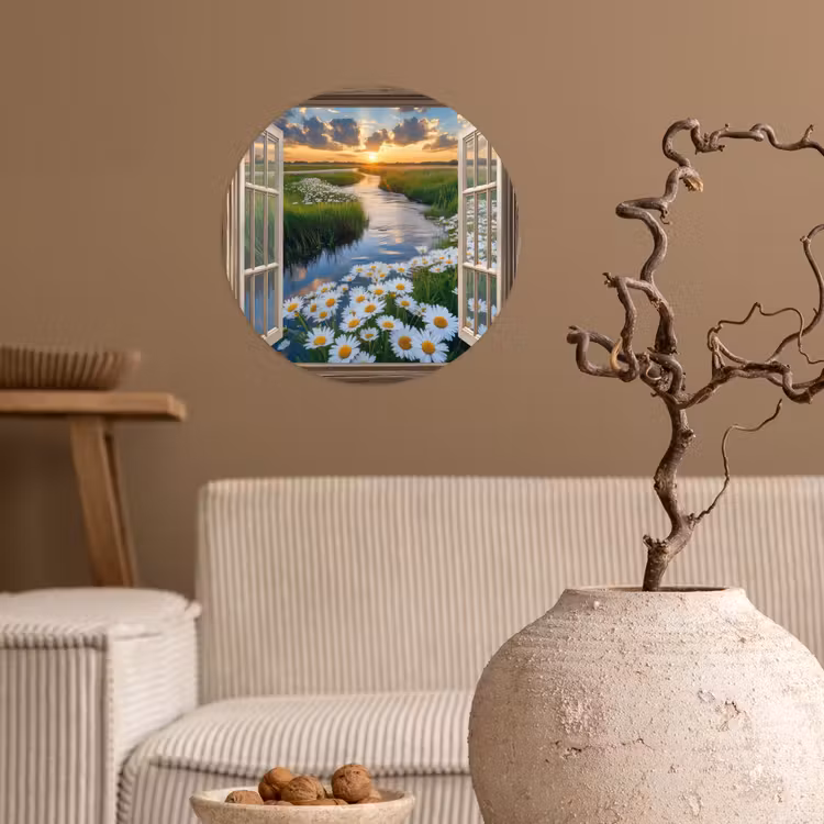 Doorkijk - Landschap - Raam - Water - Zonsondergang Wandcirkel behangsticker klein -sfeer1