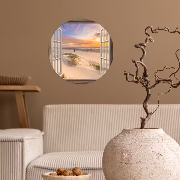 Doorkijk - Strand - Duinen - Natuur - Landschap Wandcirkel behangsticker klein -sfeer1