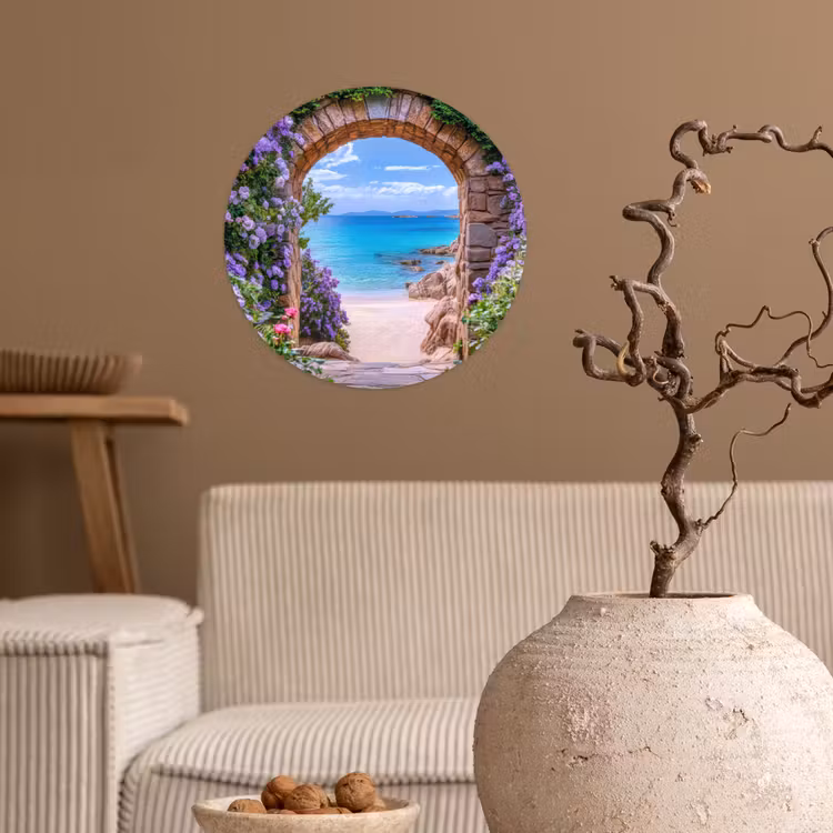Doorkijk - Poort - Zee - Strand - Rotsen Wandcirkel behangsticker klein -sfeer1