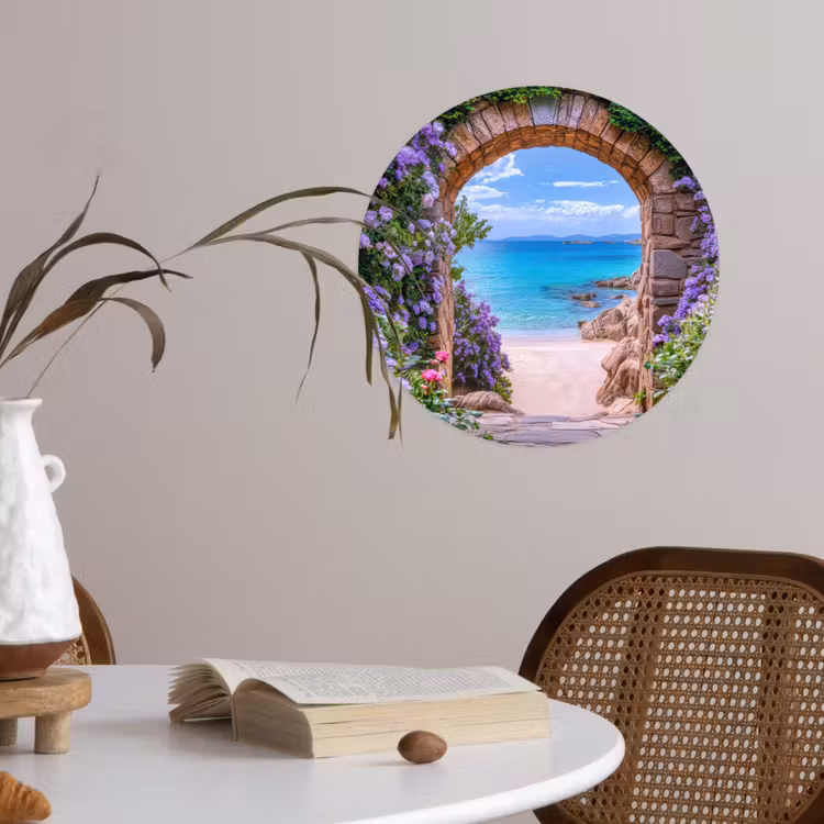Doorkijk - Poort - Zee - Strand - Rotsen Wandcirkel behangsticker klein -sfeer3