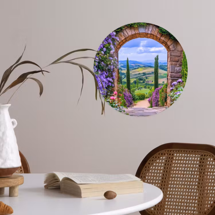 Doorkijk - Toscane - Landschap - Poort Wandcirkel behangsticker klein -sfeer3
