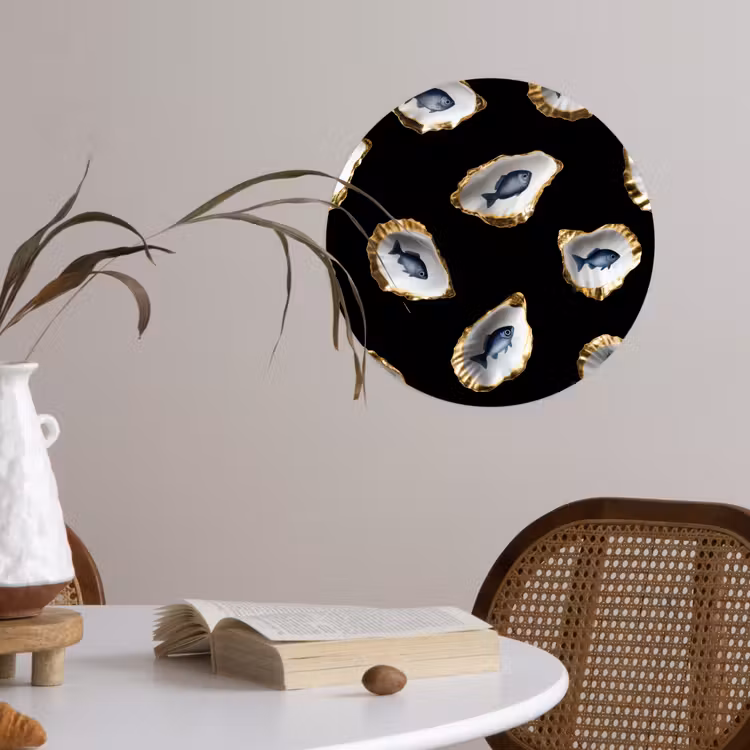 Oesters - Vissen - Blauw - Goud Wandcirkel behangsticker klein -sfeer3