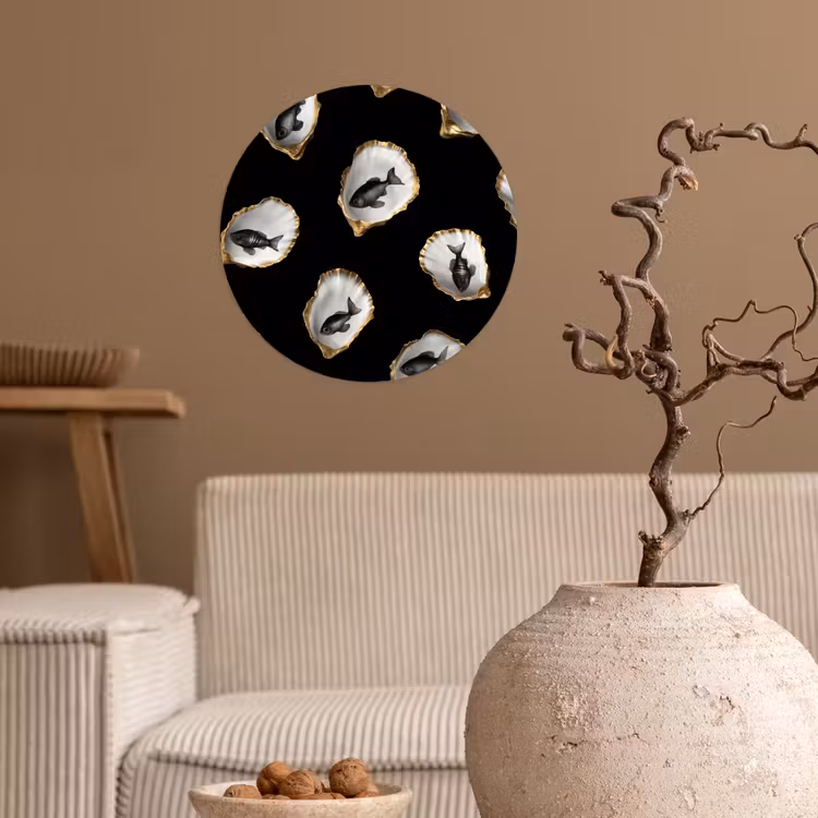 Oesters - Zwart - Vissen - Goud Wandcirkel behangsticker klein -sfeer1