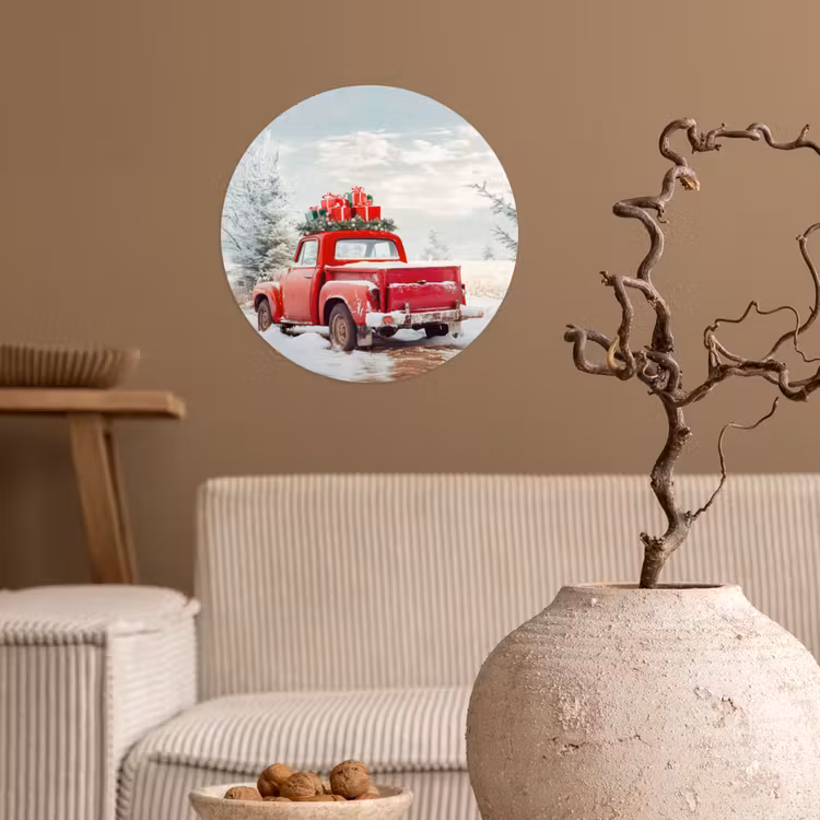 Auto - Rood - Cadeaus - Winter - Sneeuw - Kerst Wandcirkel behangsticker klein -sfeer1