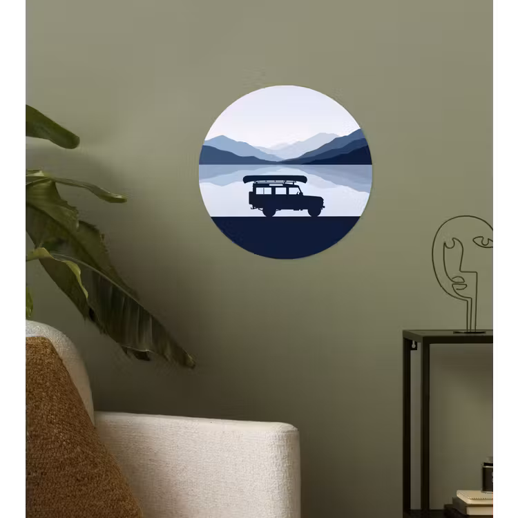 Auto - Meer - Bergen - Blauw Wandcirkel behangsticker klein -sfeer2